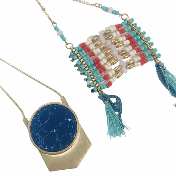 Lot of 3 Goldtone Boho Faux Turquoise Jade Pendant Necklaces Beaded 28" New - Picture 5 of 5